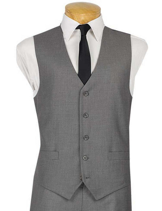 A mannequin elegantly displays the Vinci Suits Slim Fit Single Breasted 5 Button Vest (Gray) OV-900, worn over a white shirt and black tie.