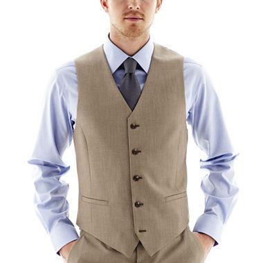 A man in a blue shirt with rolled sleeves enhances his look with the sophisticated Vinci Suits Slim Fit Single Breasted 5 Button Vest (Khaki) OV-900 and a coordinating tie.
