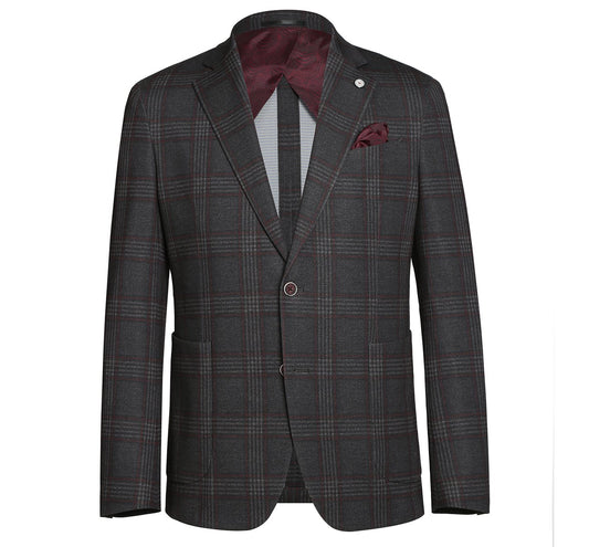Pellagio Dark Grey Blazer Slim Fit Half Canvas Windowpane Sport Coat PF20-10, featuring a sleek single button design, two front pockets, and a maroon lining.