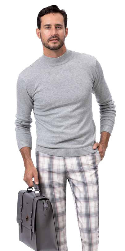 A man wearing EJ Samuel's EJ Samuel Cream/Charc Plaid Pants PL118 and a gray sweater holds a gray briefcase, standing against a white background.