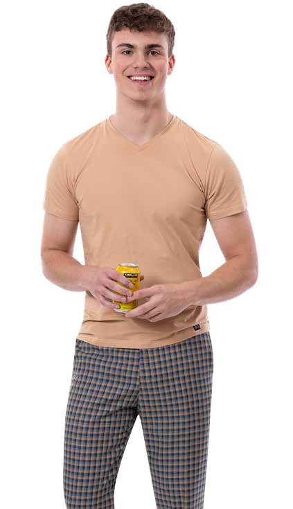 A person in a beige t-shirt and EJ Samuel's Taupe Plaid Pants PL130, holding a can, smiling warmly.