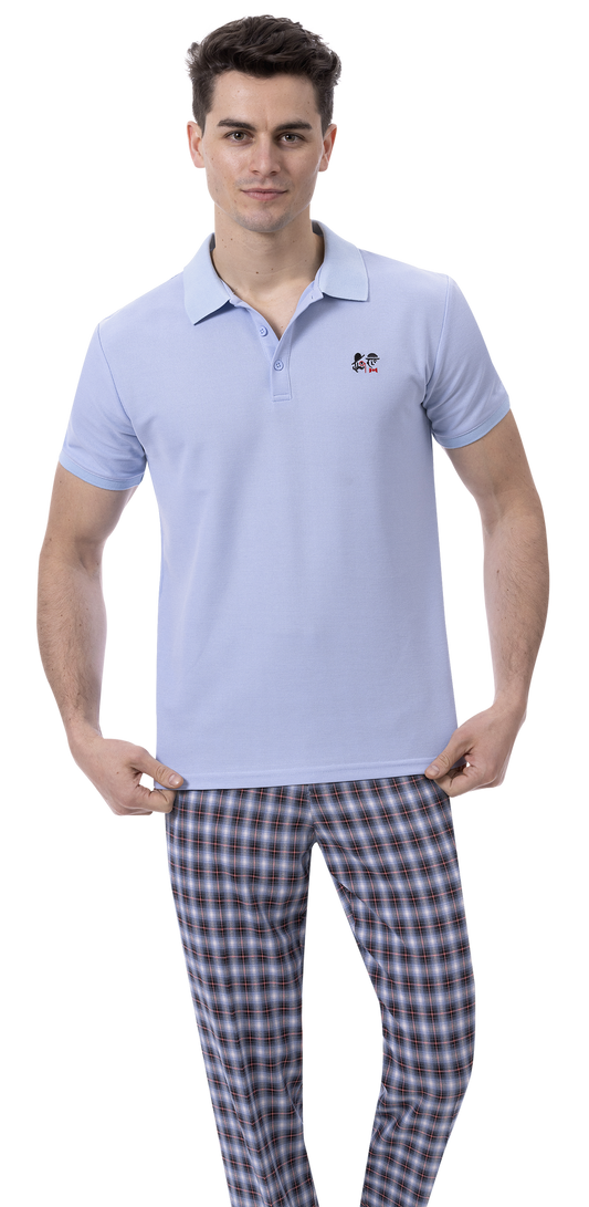 A person wearing an EJ SAMUEL light blue polo shirt and modern fit EJ Samuel Blue Plaid Pants PL138 stands against a plain background.