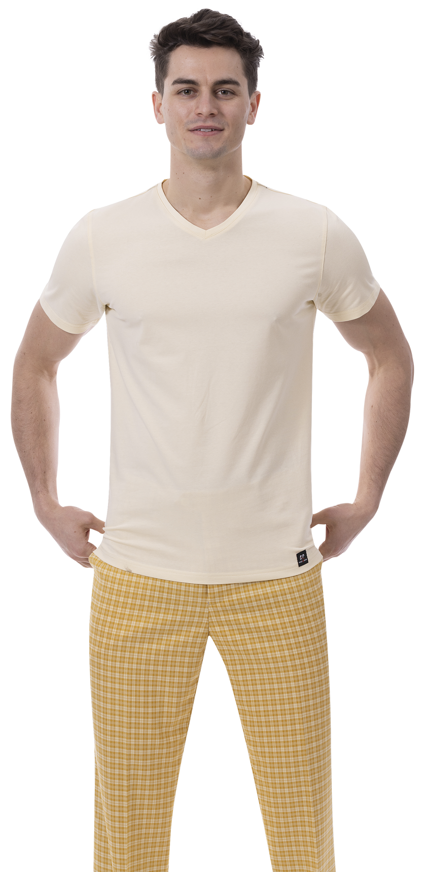 A person dressed in a cream-colored V-neck T-shirt and EJ SAMUEL's EJ Samuel Yellow Plaid Pants PL144 stands with hands on hips.