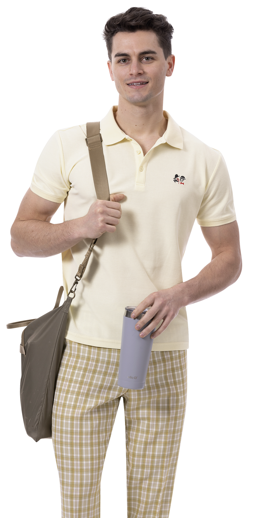 A person wears EJ Samuel plaid pants in taupe and a yellow polo shirt while holding a gray tumbler and carrying a brown shoulder bag.