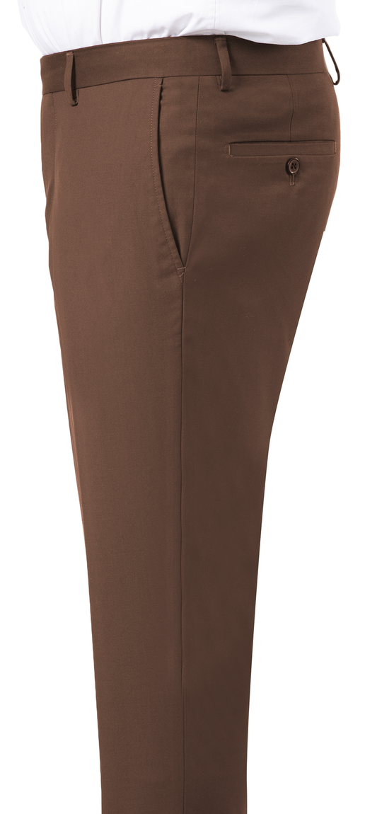 Man wearing EJ Samuel Brown Pants PR01, slim fit with a flat front, paired with a white shirt, shown in a side view.