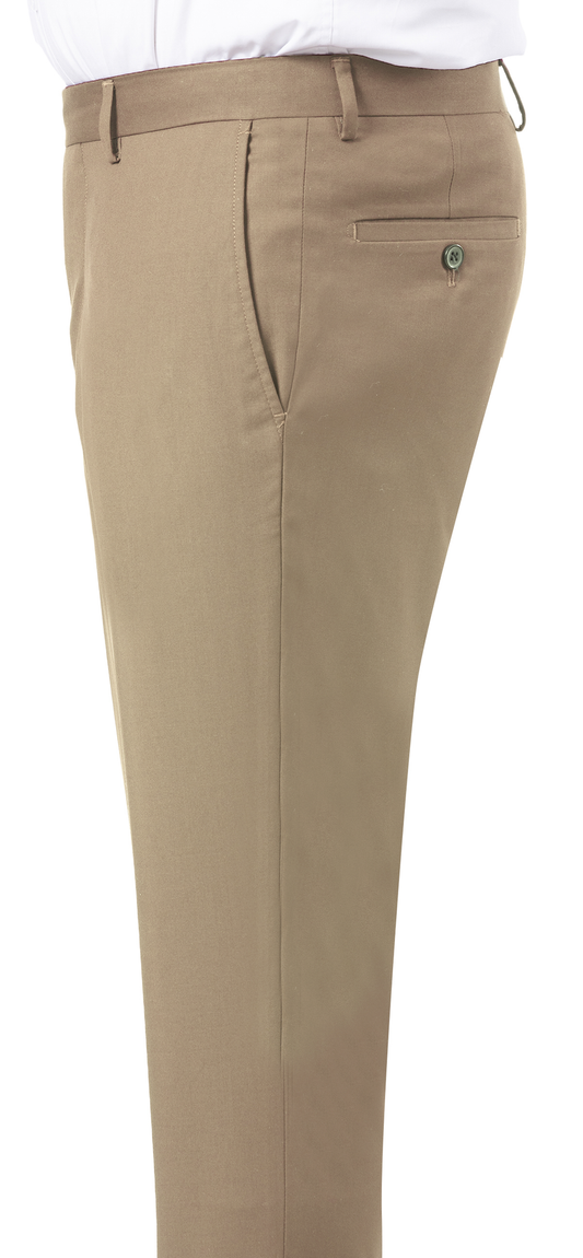 Side view of a person wearing EJ Samuel Khaki Pants PR01 paired with a white shirt tucked in. These slim fit pants from EJ SAMUEL feature a flat front design with a visible side pocket and a buttoned back pocket.