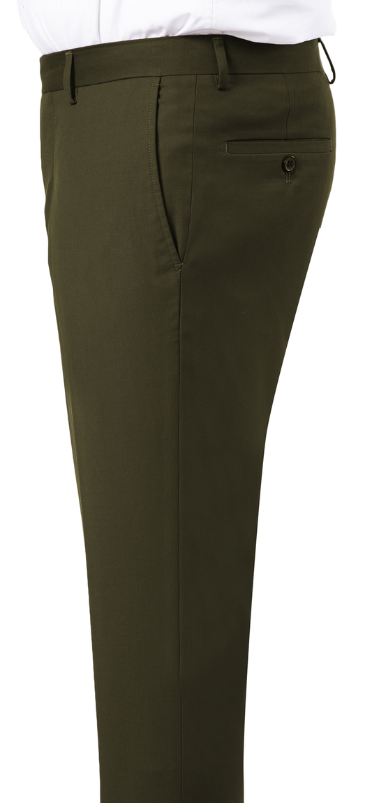 A person wearing EJ Samuel Olive Pants PR01, featuring a slim fit and flat front design, and a white shirt, viewed from the side.