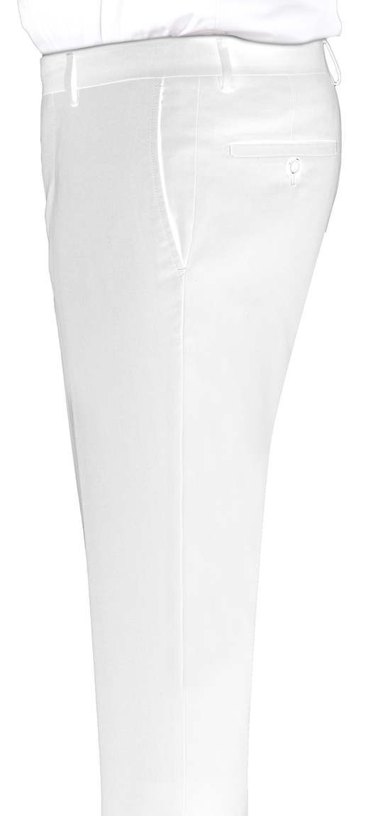 Side view of a person wearing EJ Samuel White Pants PR01 by EJ SAMUEL, featuring a slim fit with a flat front, complemented by both a front pocket and a back buttoned pocket.