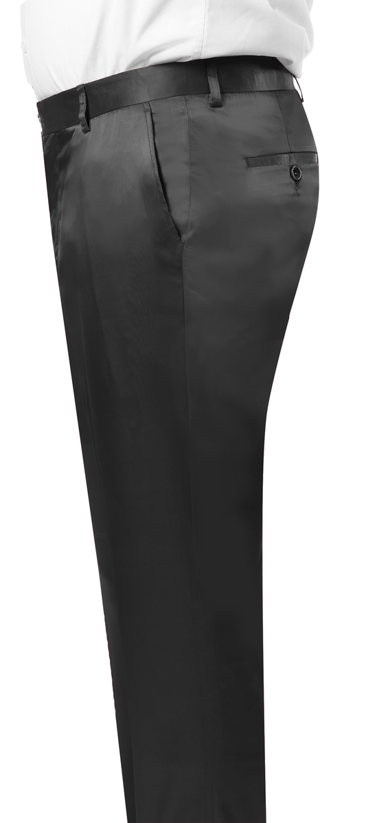 A person is shown from the waist down, dressed in elegant EJ Samuel Black Satin Pants PS02 paired with a crisp white shirt.