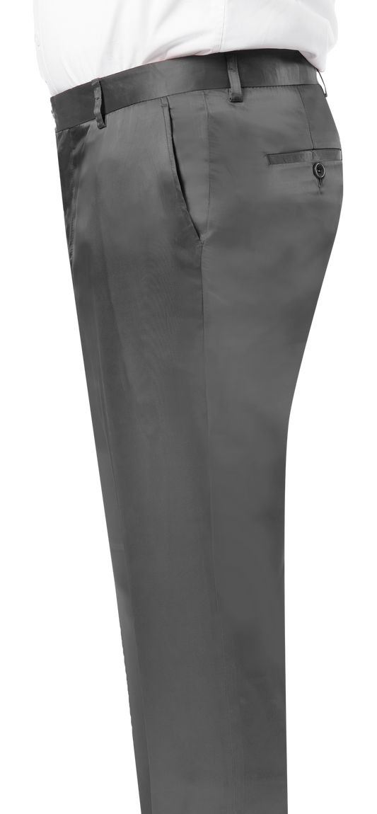 Side view of an individual wearing the EJ Samuel Gray Satin Pants PS02 by EJ SAMUEL, featuring a sleek satin blend in dark gray, paired with a tucked-in white shirt.