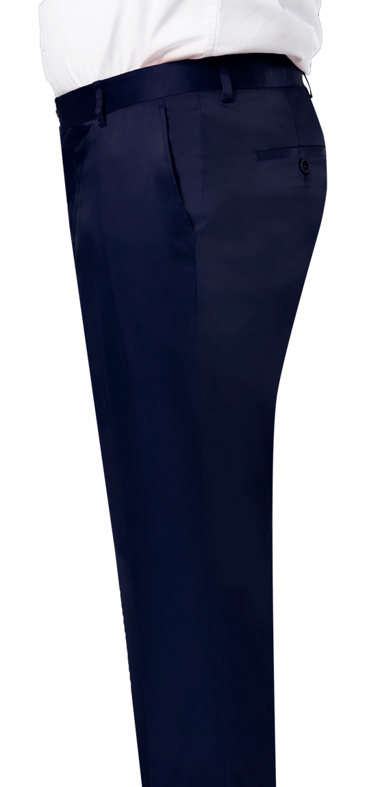 A person wearing EJ Samuel's Navy Satin Pants PS02, paired with a crisp white shirt, shown from the waist down against a white background.