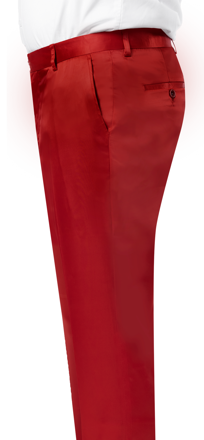 A person in the eye-catching EJ Samuel Red Satin Pants PS02, by EJ SAMUEL, is depicted from the waist down, standing sideways.