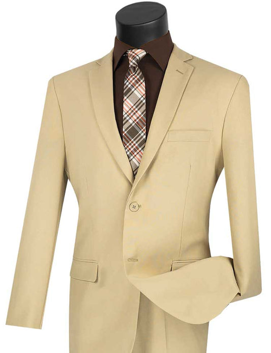 The mannequin's look showcases Vinci Suits' Slim Fit 2 Piece 2 Button Business Suit (Beige) S-2PP, paired with a plaid tie and brown shirt. This wrinkle-resistant suit blends sophistication and modern flair, ideal for a stylish business appearance.