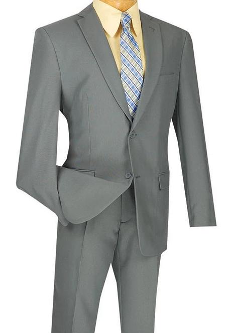 A mannequin dons the Vinci Suits Slim Fit 2 Piece 2 Button Business Suit in Gray, complemented with a light yellow shirt and a blue-striped tie.