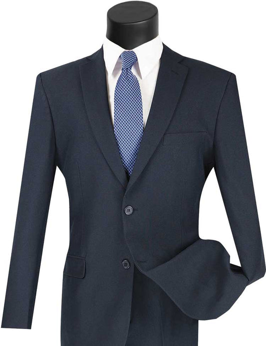 The Vinci Suits Slim Fit 2 Piece 2 Button Business Suit (Navy) S-2PP is elegantly showcased on a mannequin torso with a white shirt and blue tie, set against a plain background to highlight its sleek design.