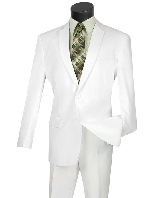 A mannequin with a black head elegantly displays the Vinci Suits Slim Fit 2 Piece 2 Button Business Suit (White) S-2PP, paired with a light green shirt and plaid green tie.