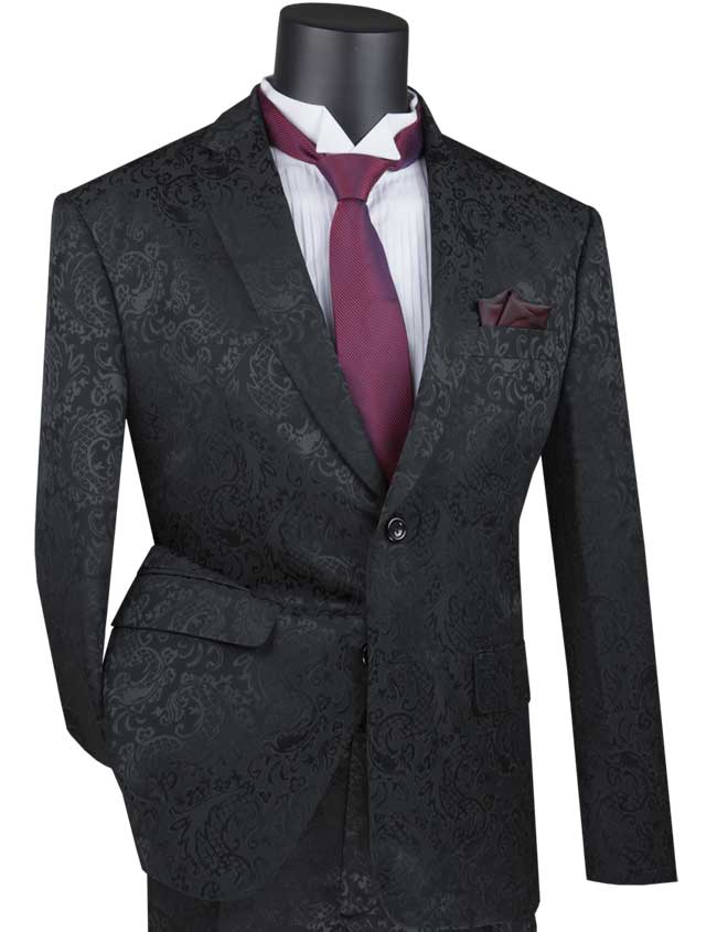 A black mannequin models the Vinci Suits Slim Fit 2 Piece Single Breasted Suit (Black) S2F-1, featuring a dark floral-patterned jacket with a luxurious wool feel, paired with a crisp white shirt and burgundy tie.
