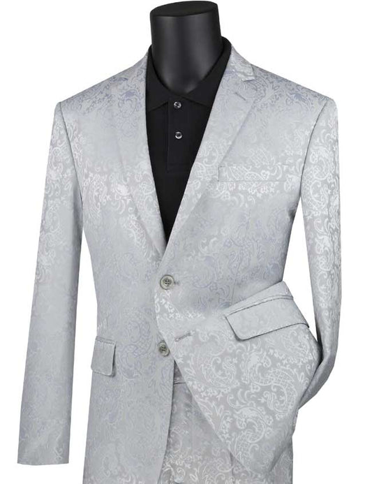 The mannequin showcases the Vinci Suits Slim Fit 2 Piece Single Breasted Suit (Silver) S2F-1, elegantly draping a silver paisley-patterned jacket with a luxurious wool feel over a black shirt.