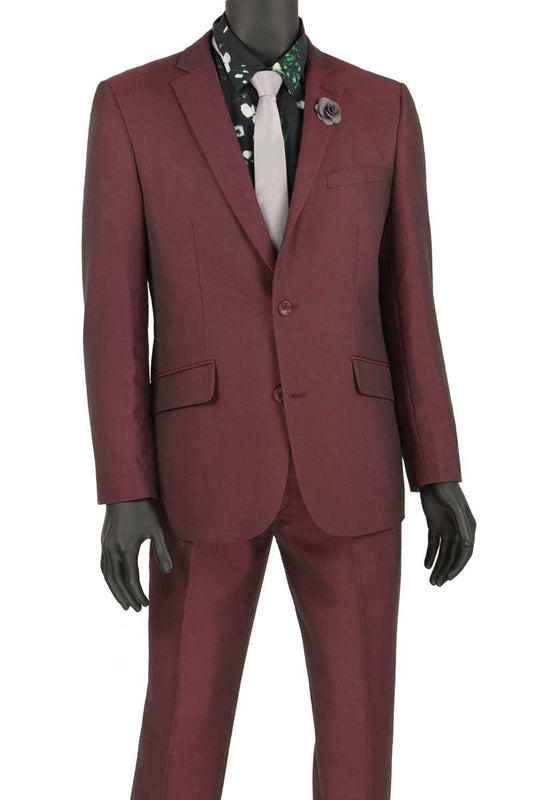 The mannequin showcases a Vinci Suits Slim Fit 2 Piece Suit in wrinkle-resistant burgundy (S2RK-7), paired with a floral shirt, gray tie, and a flower pin on the lapel.