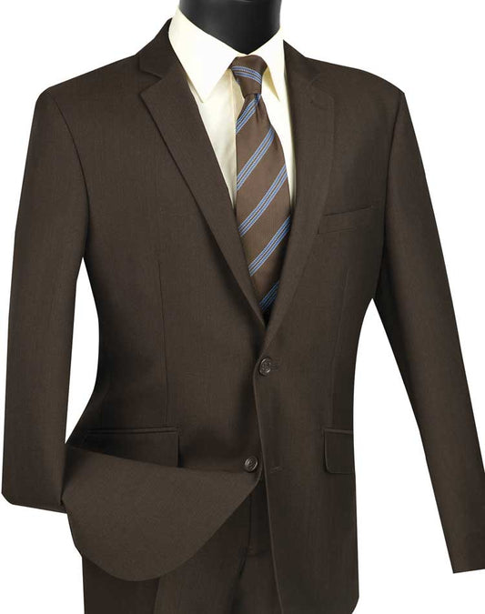 The Vinci Suits Slim Fit 2 Piece Suit (Brown, S2RK-7) is elegantly showcased on a mannequin, paired with a white shirt and striped tie, highlighting its modern single-breasted 2 button design.