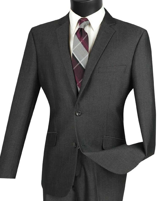 The Vinci Suits Slim Fit 2 Piece Suit in Smoke (S2RK-7) features a single-breasted, two-button design, ideal for pairing with a white dress shirt and a burgundy-gray plaid tie for a polished appearance.