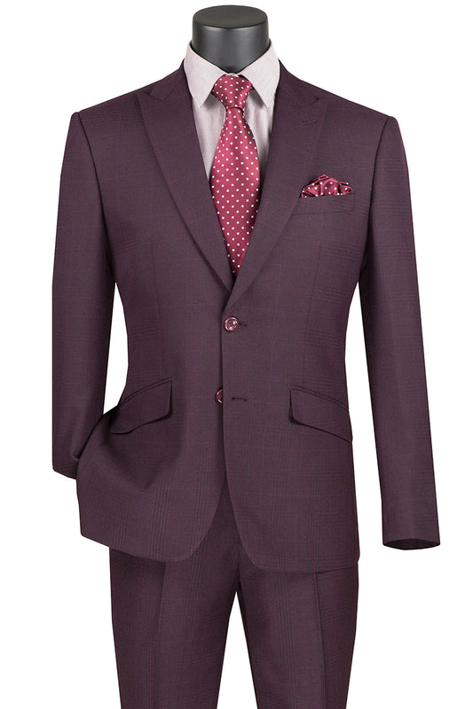 A mannequin displays the Vinci Suits' burgundy Slim Fit Suit with Peak Lapel and Stretch Armhole (S2RW-1), complemented by a white shirt, burgundy polka dot tie, and matching pocket square for added sophistication.