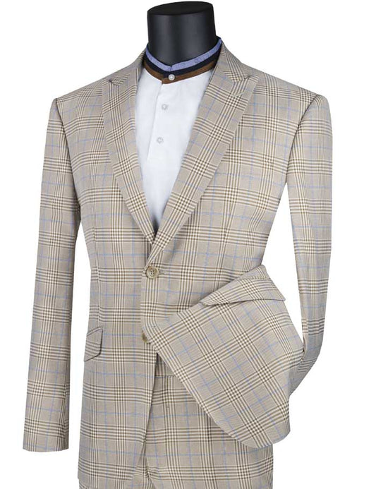 A mannequin displays the Vinci Suits Slim Fit Suit with Peak Lapel and Stretch Armhole (Beige) S2RW-1, paired with a white dress shirt. It features a chic Glen Plaid design, buttoned jacket, and matching pocket flap.