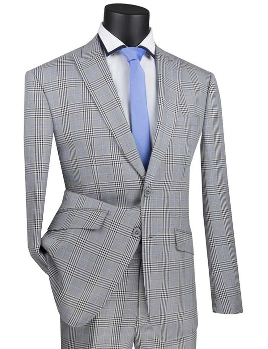 The gray Slim Fit Suit with Peak Lapel and Stretch Armhole (S2RW-1) by Vinci Suits, displayed on a mannequin, includes a white shirt and light blue tie. This stylish suit is wrinkle-resistant for added convenience.