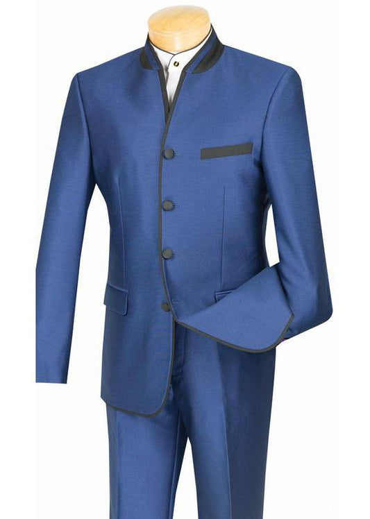 The mannequin features the Vinci Suits Slim Fit, Banded Collar Shiny Sharkskin Blue 2 Piece Suit (S4HT-1) in an Indian-style bandhgala, with black piping and buttons, a banded mandarin collar, and a single chest pocket.