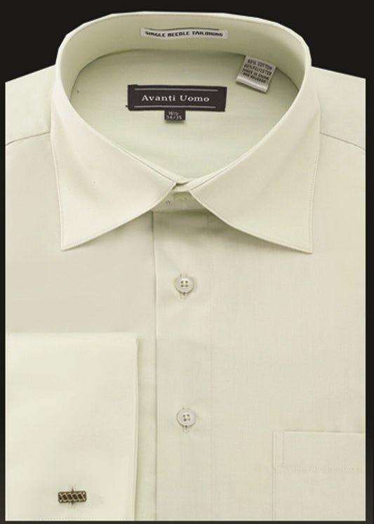 An Avanti Uomo French Cuff Dress Shirt DN32M in sage, showcasing its pointed collar and cufflinks on one sleeve, is elegantly folded against a dark background.