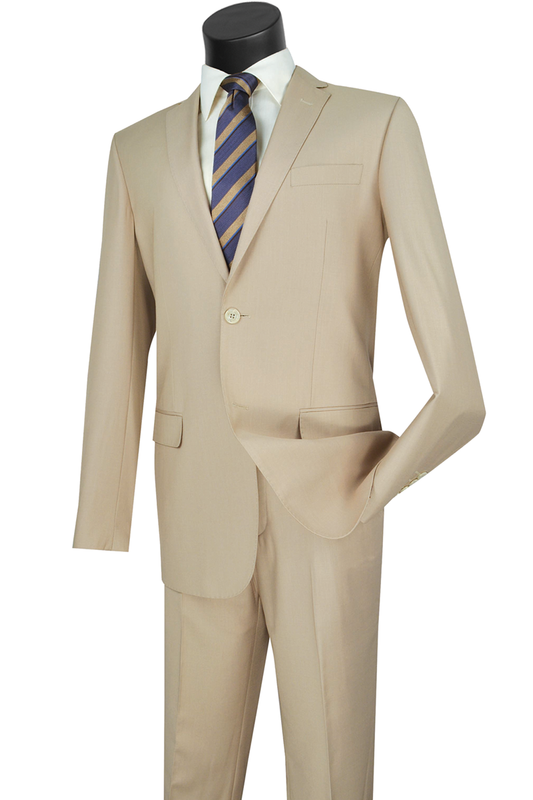 A mannequin elegantly displays the Vinci Suits Slim Fit 2 Piece 2 Button Suit in light beige, paired with a crisp white shirt and blue striped tie, showcasing sophistication and wrinkle-resistant style.