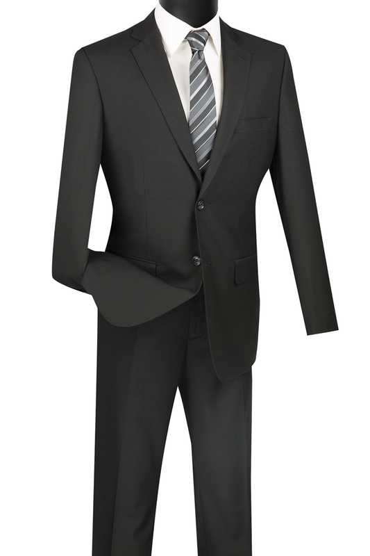 Vinci Suits Slim Fit 2 Piece 2 Button Suit (Black) SC900-12, featuring a notch-lapel jacket, white dress shirt, and gray striped tie on a black mannequin torso. This sleek, wrinkle-resistant suit ensures you stay sharp and polished all day.