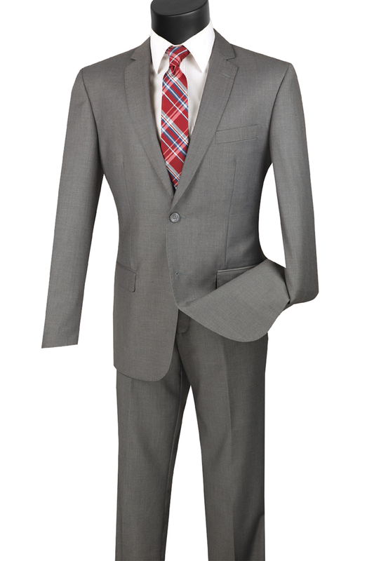Displayed on the mannequin is a Vinci Suits Slim Fit 2 Piece 2 Button Suit (Medium Gray) SC900-12, paired with a crisp white shirt and a striking red plaid tie.