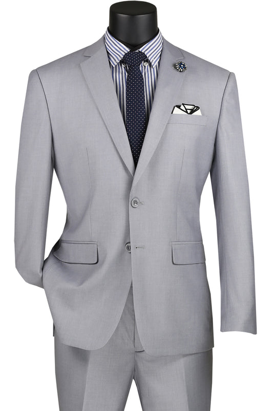 Vinci Suits' Slim Fit 2 Piece 2 Button Suit (Light Gray) SC900-12 is expertly styled on the mannequin with a striped shirt, polka dot tie, and pocket square, providing a wrinkle-resistant finish for an all-day sharp look.