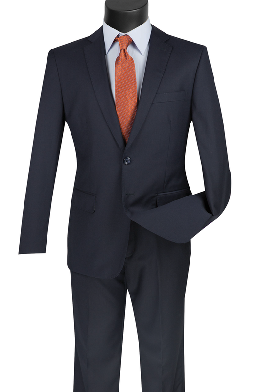 The mannequin, against a crisp white backdrop, is elegantly dressed in the Vinci Suits' Slim Fit 2 Piece 2 Button Suit (Navy) SC900-12, complemented by a light blue shirt and an orange tie.