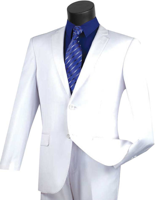 A mannequin showcases the Vinci Suits Slim Fit 2 Piece 2 Button Suit, SC900-12 in white, featuring a blazer and pants complemented by a blue shirt and striped tie.