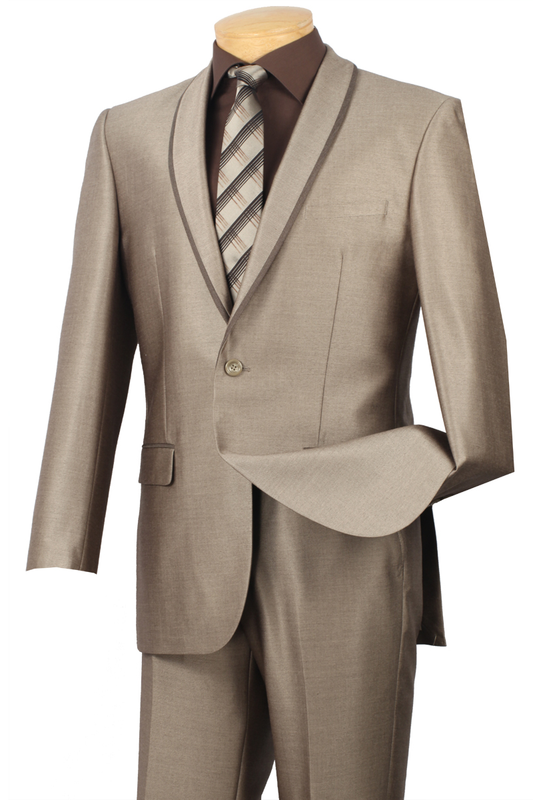 The Vinci Suits Slim Fit 2 Piece Tuxedo with a beige shawl lapel (SSH-1) is elegantly displayed on a mannequin alongside a brown shirt and plaid tie, offering modern gentlemen style and wrinkle-resistant convenience.