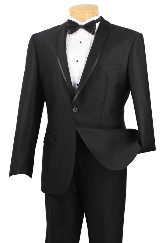 The Vinci Suits Slim Fit 2 Piece Tuxedo SSH-1, featuring a sophisticated black shawl lapel jacket, pairs elegantly with a crisp white dress shirt and classic black bow tie, beautifully displayed on a mannequin.