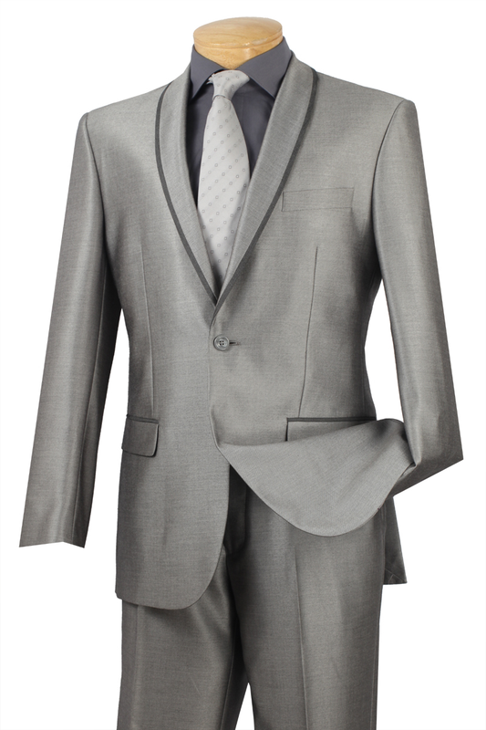 Vinci Suits' Slim Fit 2 Piece Tuxedo Shawl Lapel (Gray) SSH-1 pairs a silver-gray suit with a one-button jacket and matching trousers, styled with a gray dress shirt and light gray patterned tie.