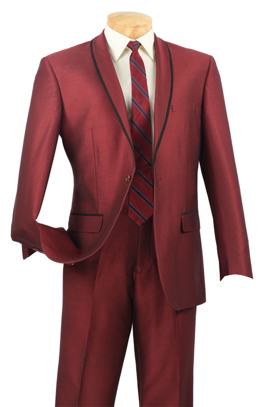 A mannequin dons the Slim Fit 2 Piece Tuxedo Shawl Lapel in maroon from Vinci Suits, paired with a red striped tie and black trim, highlighting its suaveness.