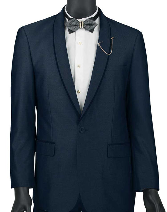 The Vinci Suits Slim Fit 2 Piece Tuxedo SSH-1 in navy pairs a white shirt and gray bow tie, featuring a gold chain on the collar. Its elegant shawl lapel adds sophistication, ideal for refined style enthusiasts.