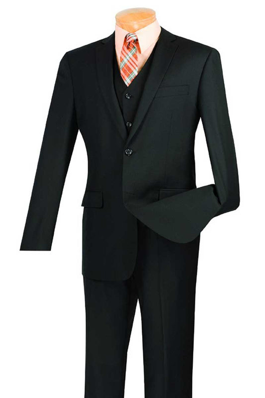 The sleek Vinci Suits Slim Fit 3 Piece 2 Button Suit in black (SV2900) is stylishly showcased over a peach shirt and plaid tie on a headless, handless mannequin.