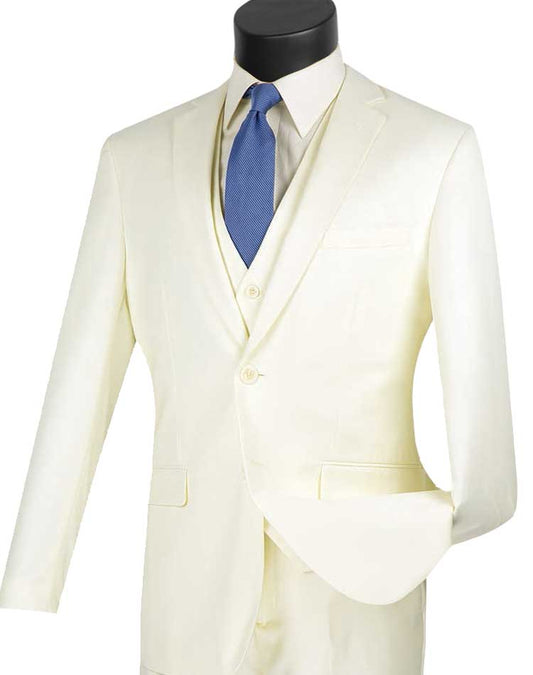 The Slim Fit 3 Piece 2 Button Suit (Ivory) SV2900 by Vinci Suits is displayed on a mannequin with a blue tie, featuring a jacket, vest, and pants ensemble.