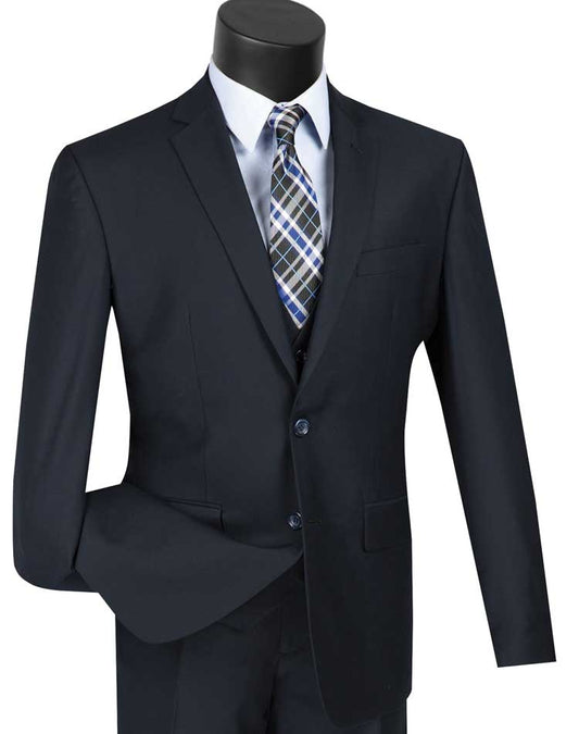A mannequin showcases the Vinci Suits Slim Fit 3 Piece 2 Button Suit (Navy) SV2900 with a crisp white shirt and plaid tie for a sleek ensemble.