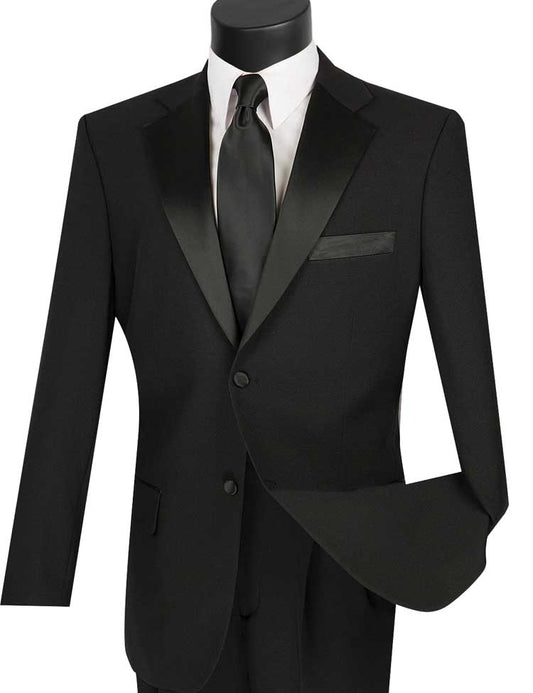 A Regular Fit 2 Piece Tuxedo (Black) T-2PP by Vinci Suits, with satin lapels, is shown with a crisp white dress shirt and black tie on a mannequin against a plain backdrop.