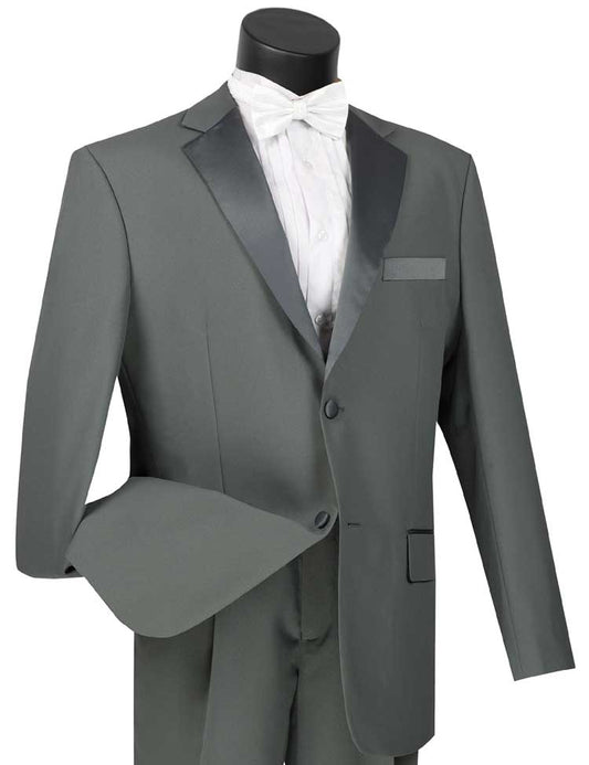 A Vinci Suits Regular Fit 2 Piece Tuxedo (Gray) T-2PP with a shiny lapel, paired with a white dress shirt and bow tie, is elegantly showcased on a black mannequin.