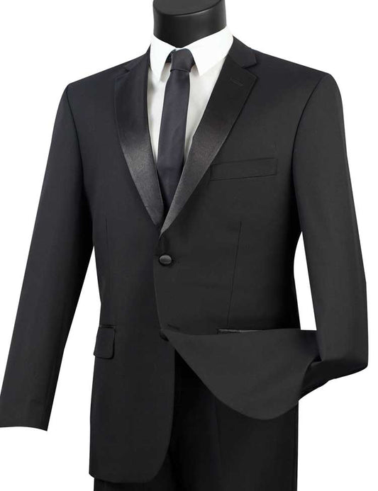 The Vinci Suits Regular Fit 2 Piece Satin Lapel Tuxedo in Black (T-900) elegantly adorns the mannequin, paired with a crisp white shirt and classic black tie, all set against a stark background.