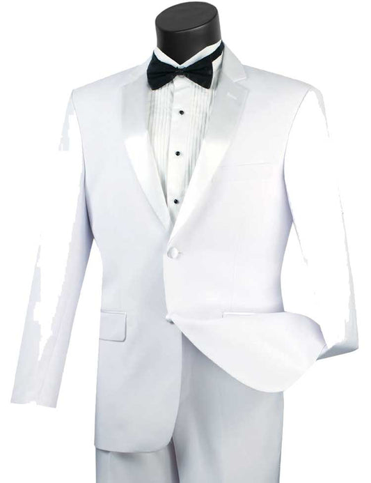 The Vinci Suits Regular Fit 2 Piece T-900 is a white tuxedo featuring a satin lapel, black bow tie, single-breasted jacket, and pleated shirt.