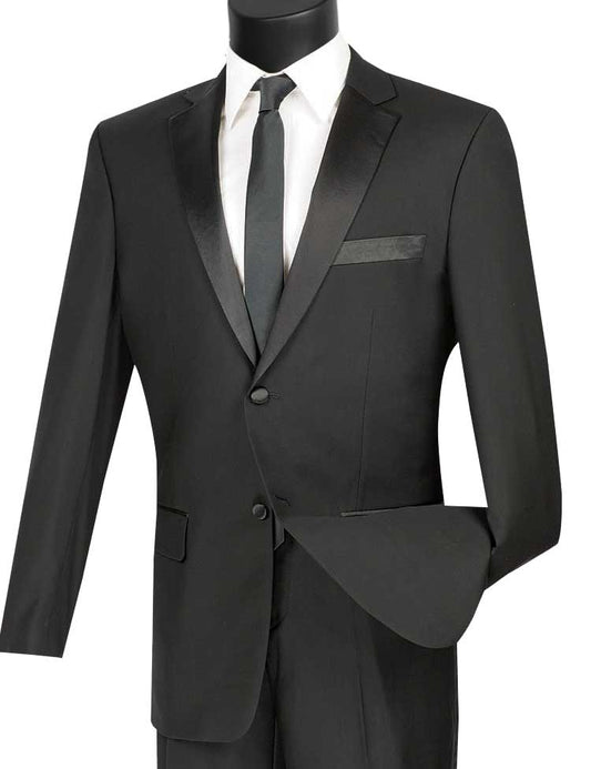 The Slim Fit 2 Piece (Black) Tuxedo by Vinci Suits, model T-SC900, is elegantly displayed on a mannequin. It features wrinkle-resistant fabric, satin lapels, a crisp white shirt, and a classic black tie against a plain background.