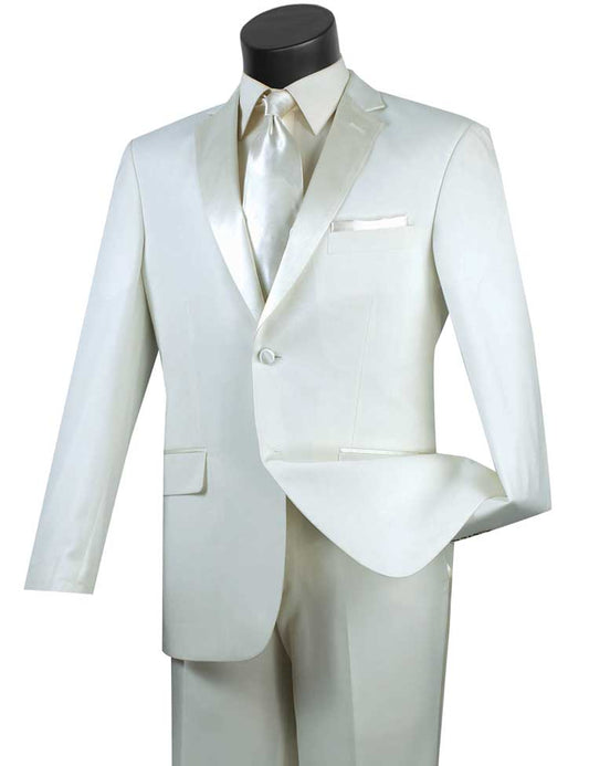 The Vinci Suits Slim Fit 2 Piece 2 Buttons Design Tuxedo (Ivory) T-SC900 is displayed on a mannequin, featuring a jacket and pants with a wrinkle-resistant satin finish for impeccable style.